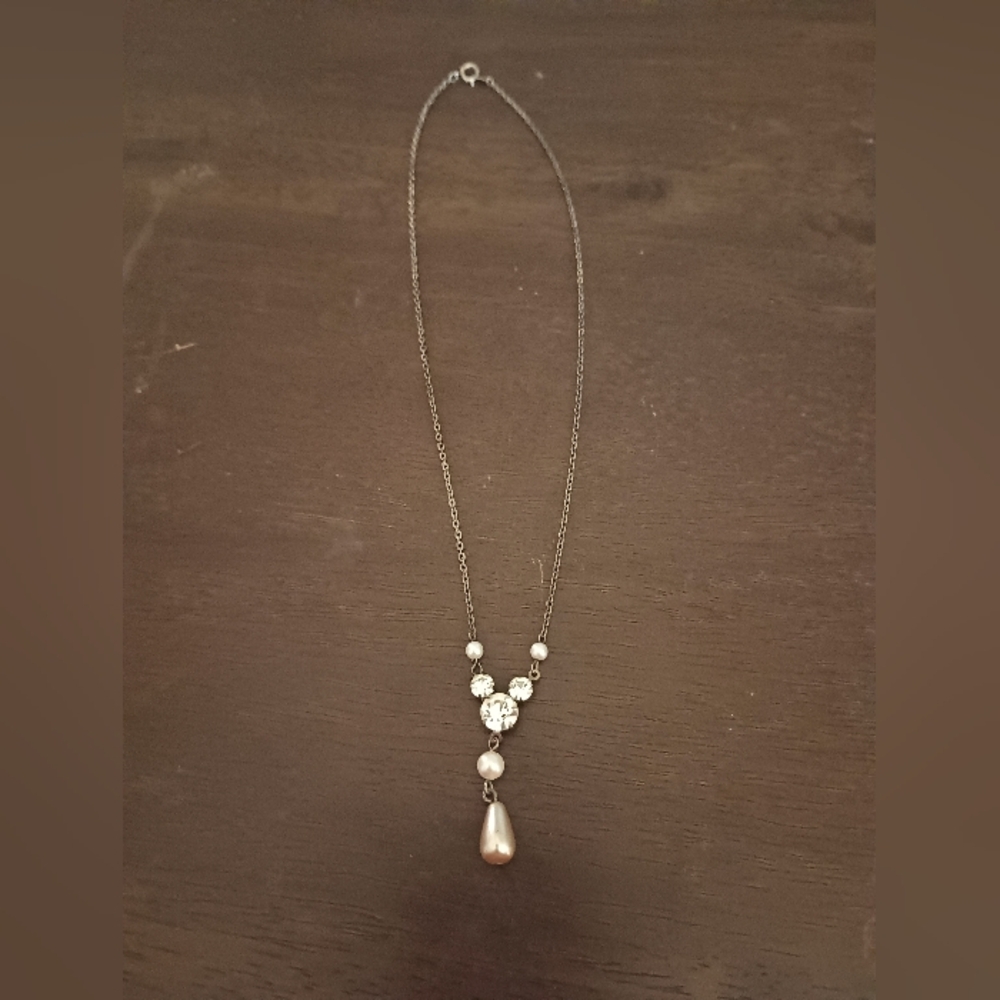 Faux Pearl & Rhinestone Gunmetal Necklace